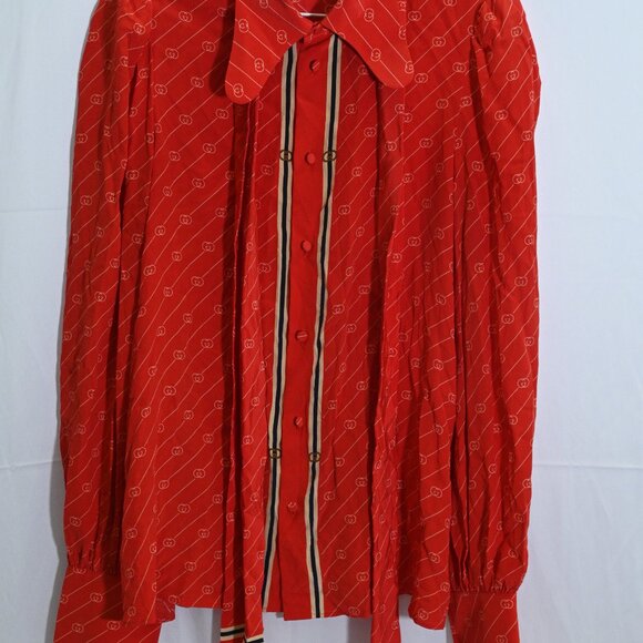 Gucci Red Diagonal GG Silk Blouse 100% Silk Very Good Condition Unisex Logo - Picture 4 of 14